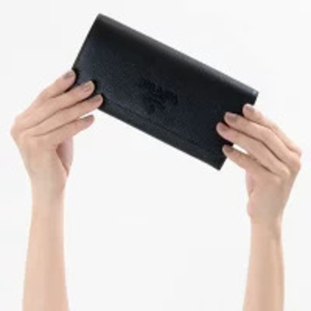 Prada Black Saffiano Plate Triangle Wallet Shine Finish Leather Long Black